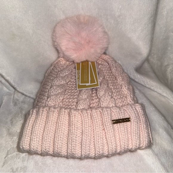 Michael Kors Fleece Lined Braided Knit Cuff Beanie Faux Fur Pom - Light Pink - Picture 2 of 8
